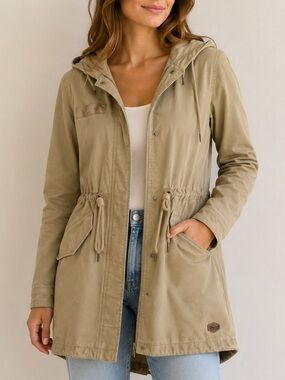 Only Tan Hooded Utility Anorak Jacket Zip Front Drawstring Waist XS